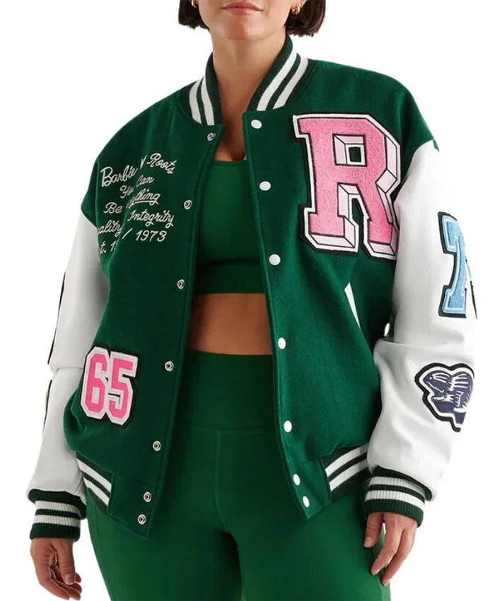 Women’s Green And White Varsity Lettermen Jacket  - Recreated