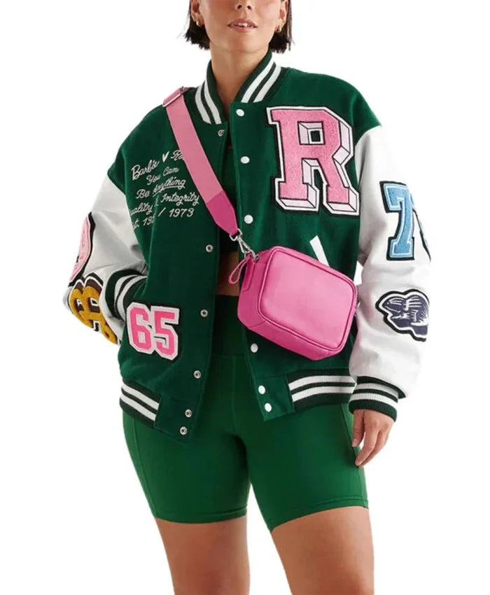 Women’s Green And White Varsity Lettermen Jacket  - Recreated