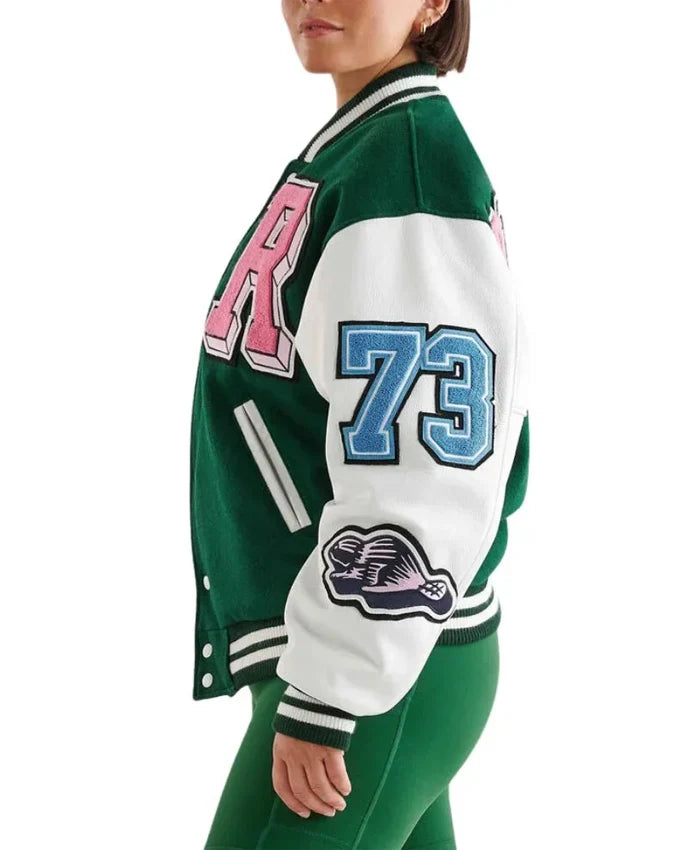 Women’s Green And White Varsity Lettermen Jacket  - Recreated