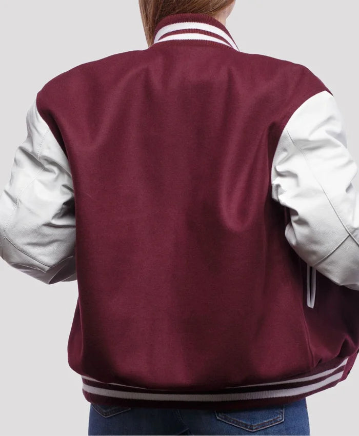 Women’s Maroon And White Varsity Lettermen Jacket  - Recreated