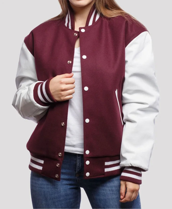 Women’s Maroon And White Varsity Lettermen Jacket  - Recreated