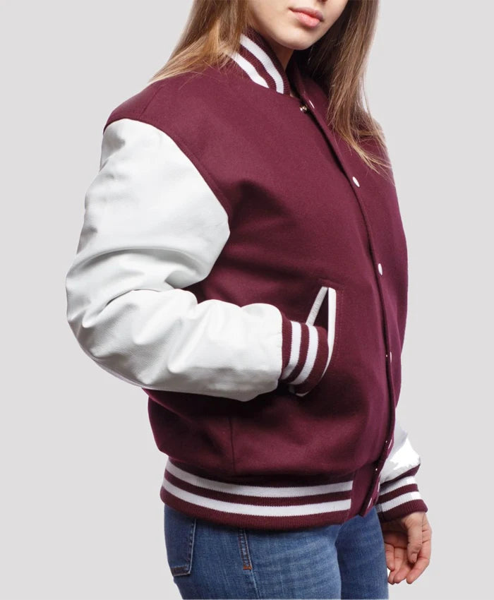 Women’s Maroon And White Varsity Lettermen Jacket  - Recreated