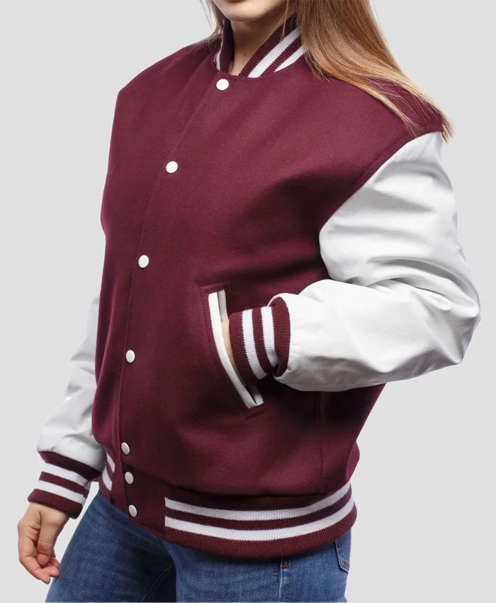 Women’s Maroon And White Varsity Lettermen Jacket  - Recreated