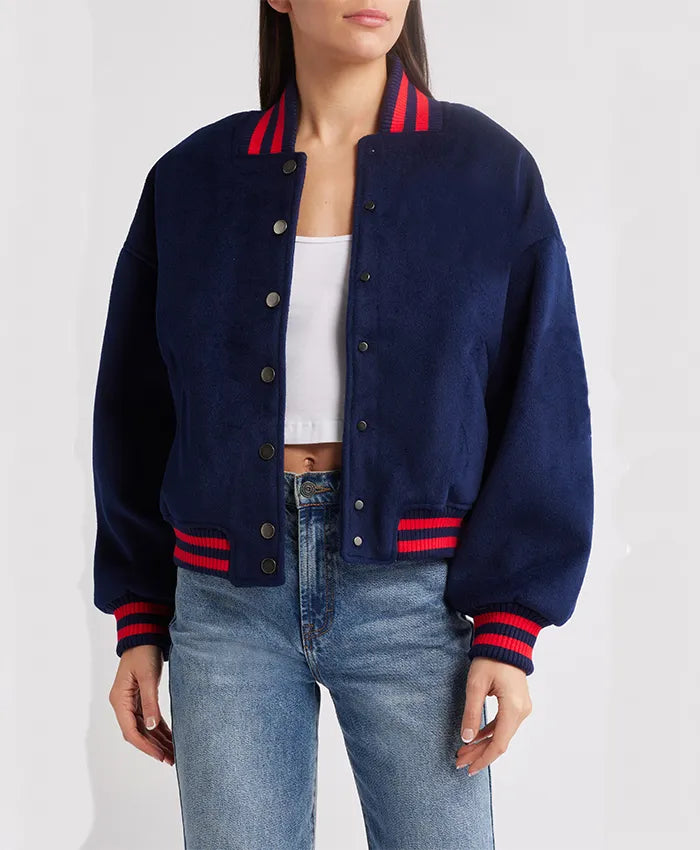 Women’s Royal Blue Tailored Fit Varsity Bomber Jacket  - Recreated