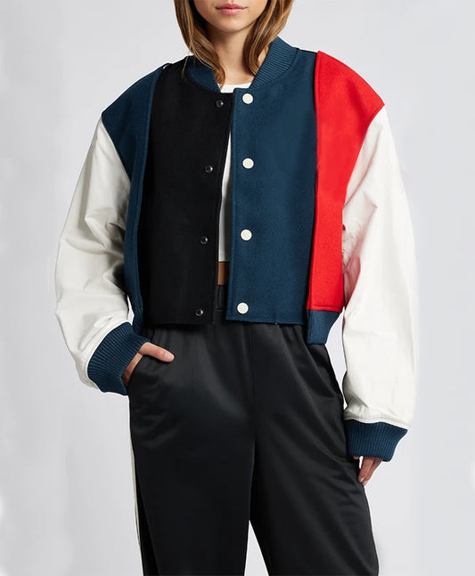 Women’s Triple Color Stylish Varsity Bomber Jacket  - Recreated