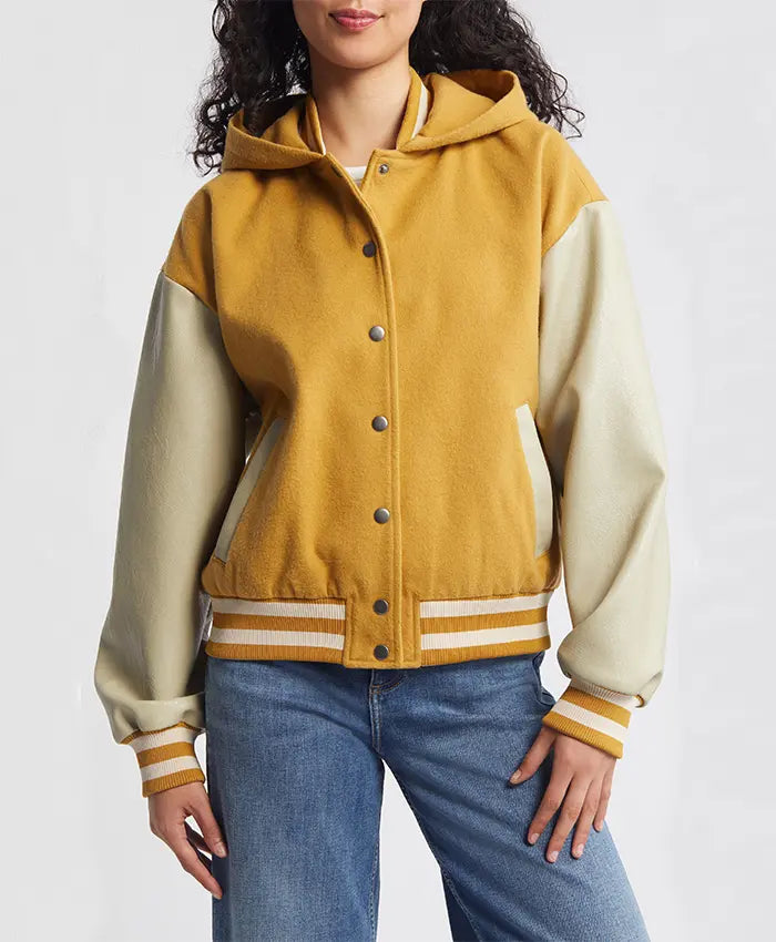 Women’s Yellow Hooded Wool Twill Varsity Jacket  - Recreated