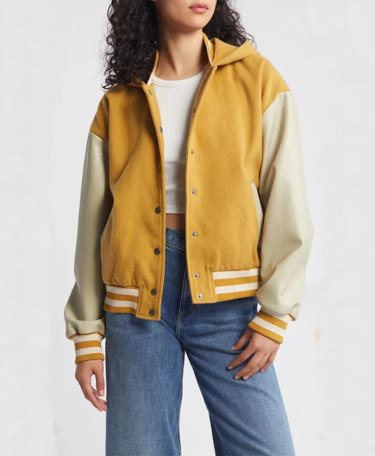 Women’s Yellow Hooded Wool Twill Varsity Jacket  - Recreated