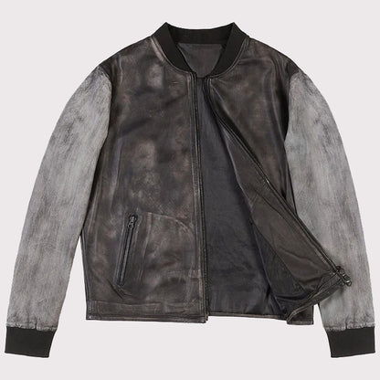 Distressed Varsity Style Leather Baseball Jacket  - Recreated