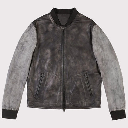 Distressed Varsity Style Leather Baseball Jacket  - Recreated