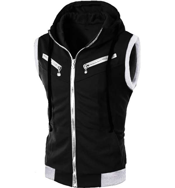 Mens Fashion Black Sleeveless Hoodie