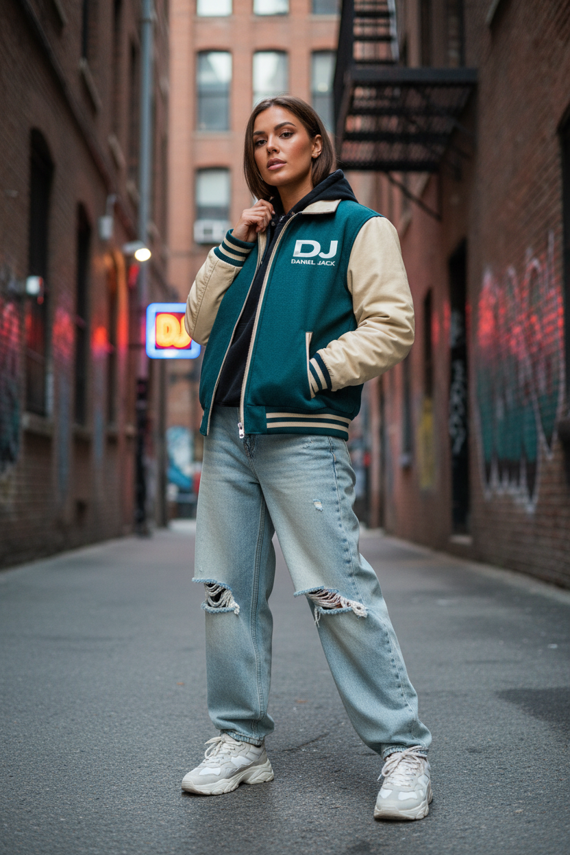 Female model wearing DJ Daniel Jack Varsity Jacket