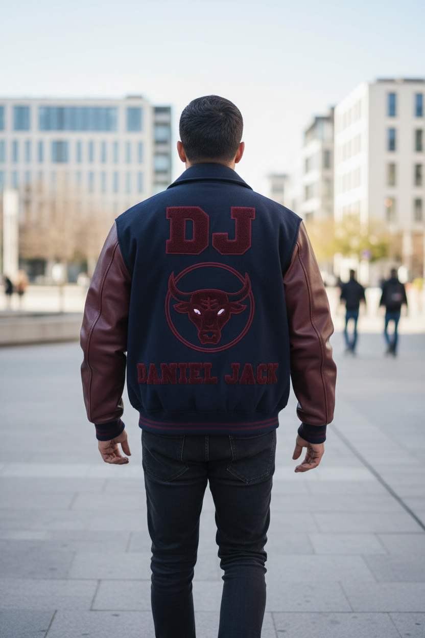 Back view of Daniel Jack DJ Collar Varsity Bomber Jacket showing DJ monogram and Daniel Jack embroidery