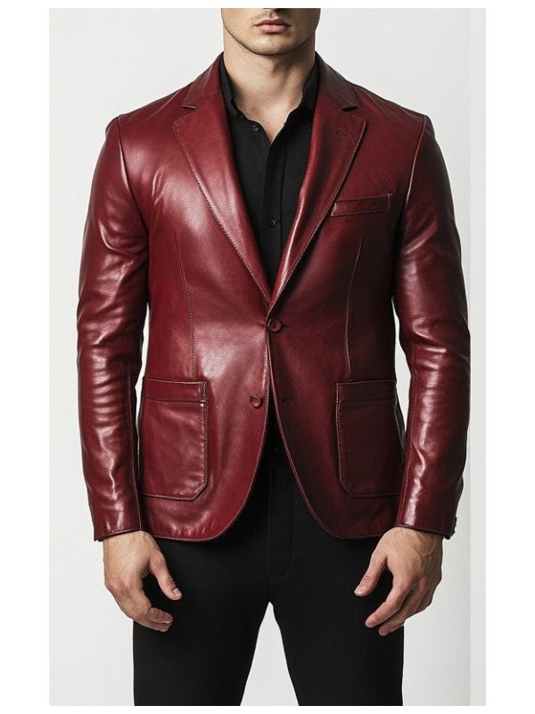 Mateo Men Maroon Premium Leather Blazer