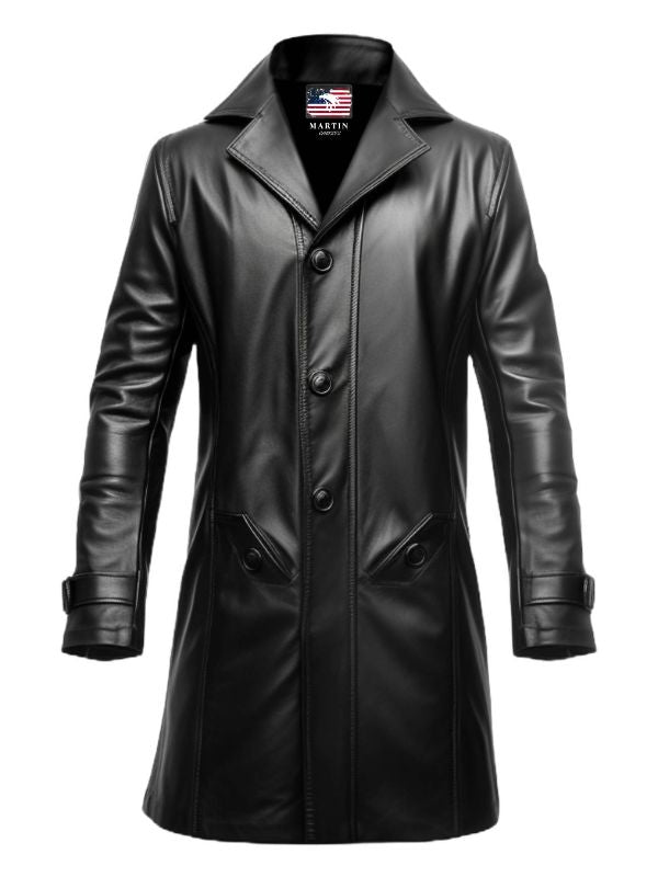 Men 3 Button Long Leather Coat