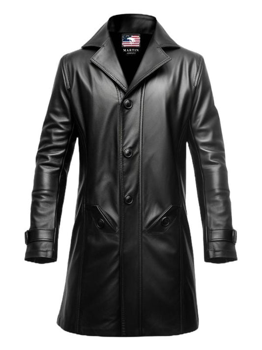 Men 3 Button Long Leather Coat