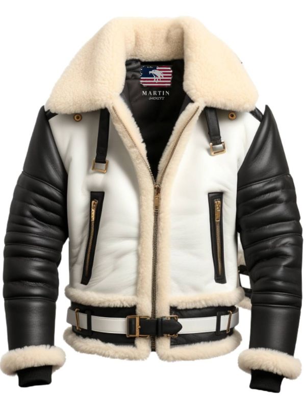 Men Aviator B3 Bomber Leather Jacket - Black and white