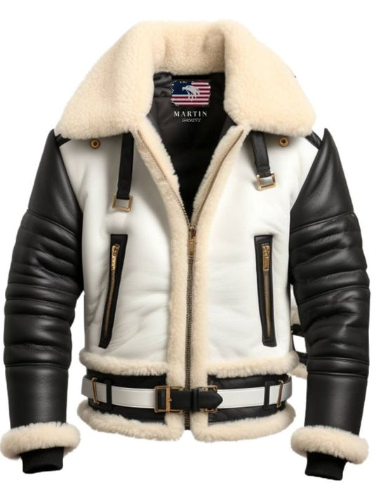 Men Aviator B3 Bomber Leather Jacket - Black and white