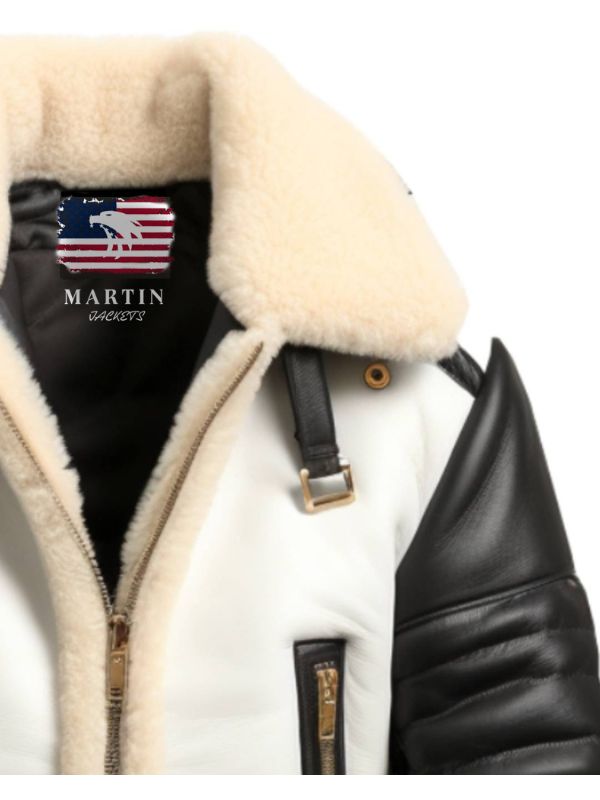 Men Aviator B3 Bomber Leather Jacket - Black and white