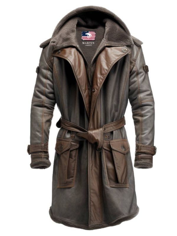 Men Dark Brown Leather Hooded Coat