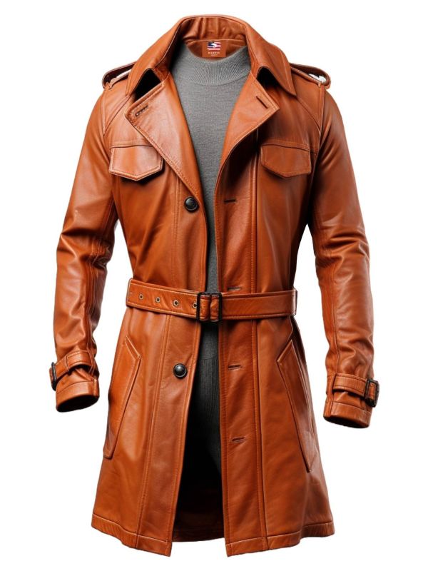 Men Long Leather Tan Color Coat