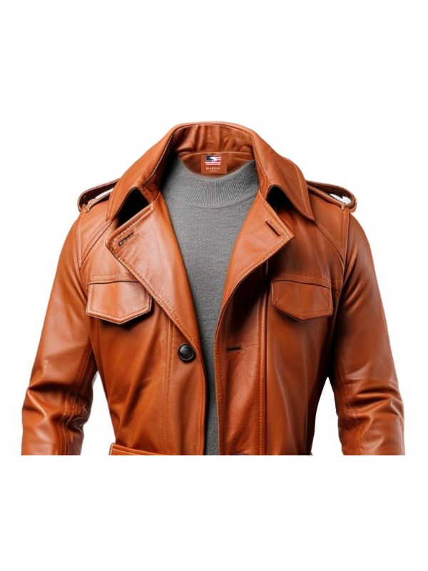 Men Long Leather Tan Color Coat