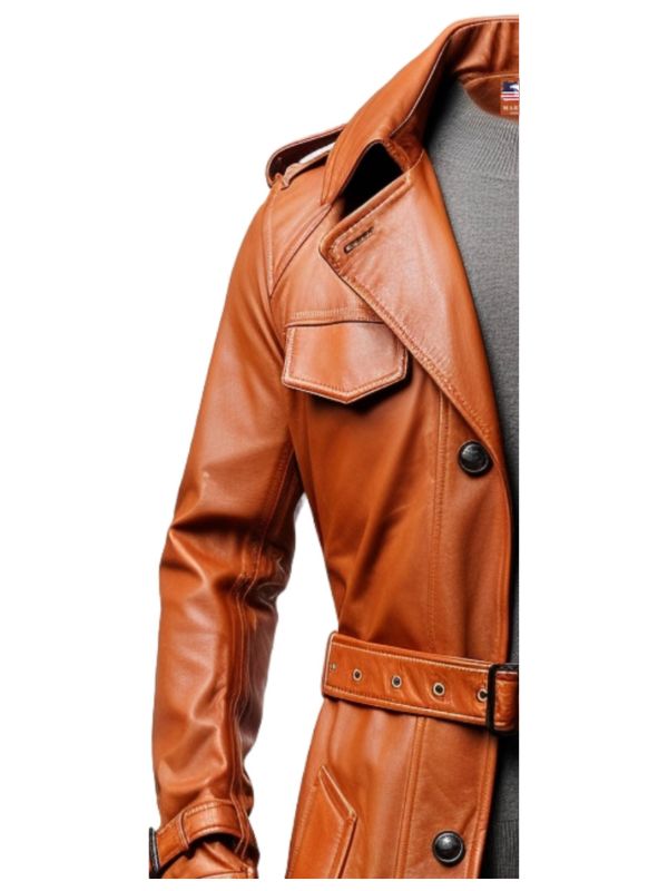 Men Long Leather Tan Color Coat