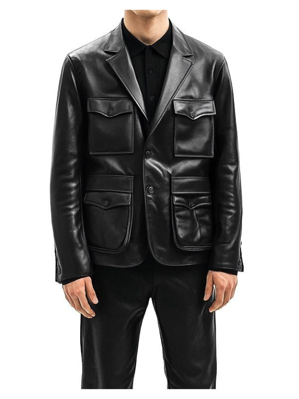 Men Premium Black Flap Pockets Leather Blazer