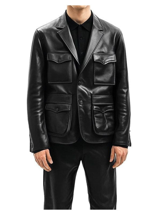 Men Premium Black Flap Pockets Leather Blazer