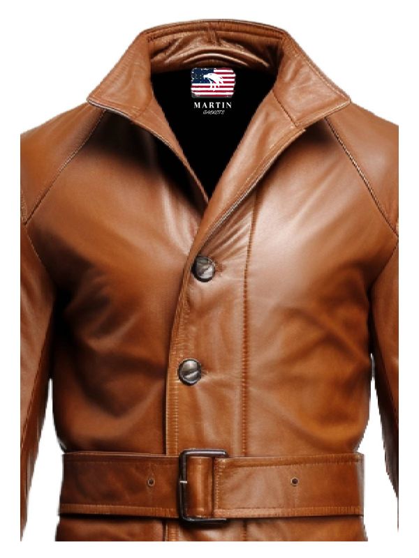 Men Vintage Big Pockets Tan Brown Leather Coat - Leather Long Coat