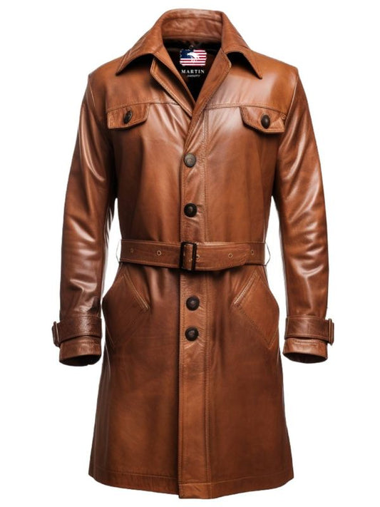 Men Vintage Brown Leather Coat- Long Leather Coat