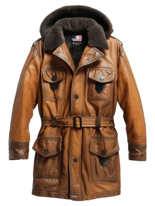 Men Vintage Hooded Fur Leather Hooded Coat - Faux Fur