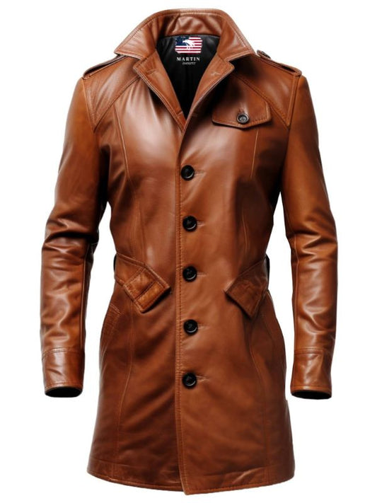 Men Vintage Tan Brown Leather Coat - Leather Long Coat
