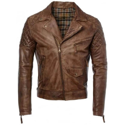 Men's Distressed Brown Genuine Leather Cafe Racer Biker Jacket