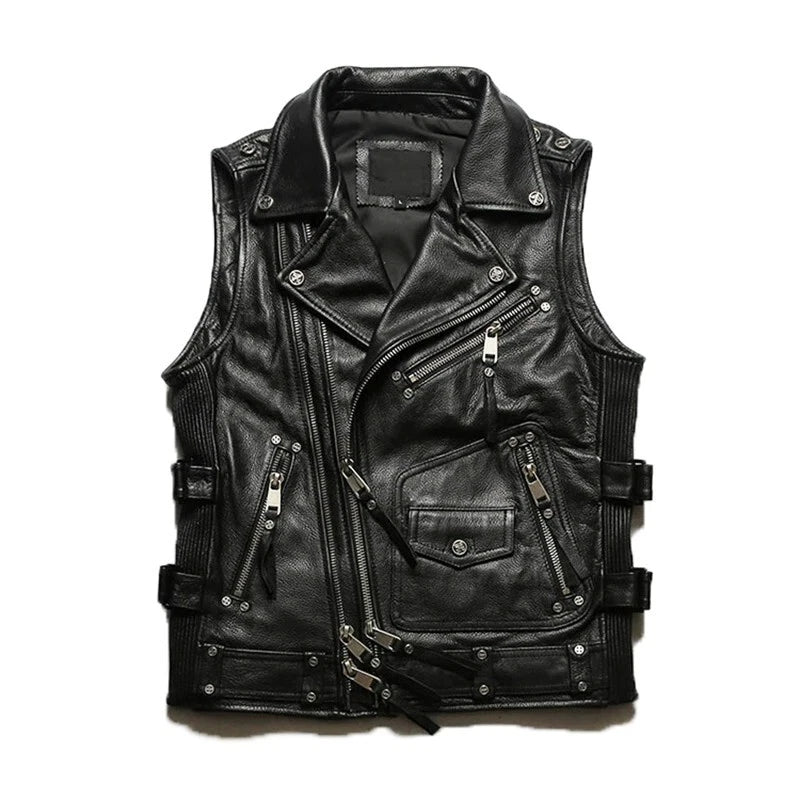 Black/Brown Genuine Biker Leather Vest | Mens 100% Genuine Leather Biker Vest