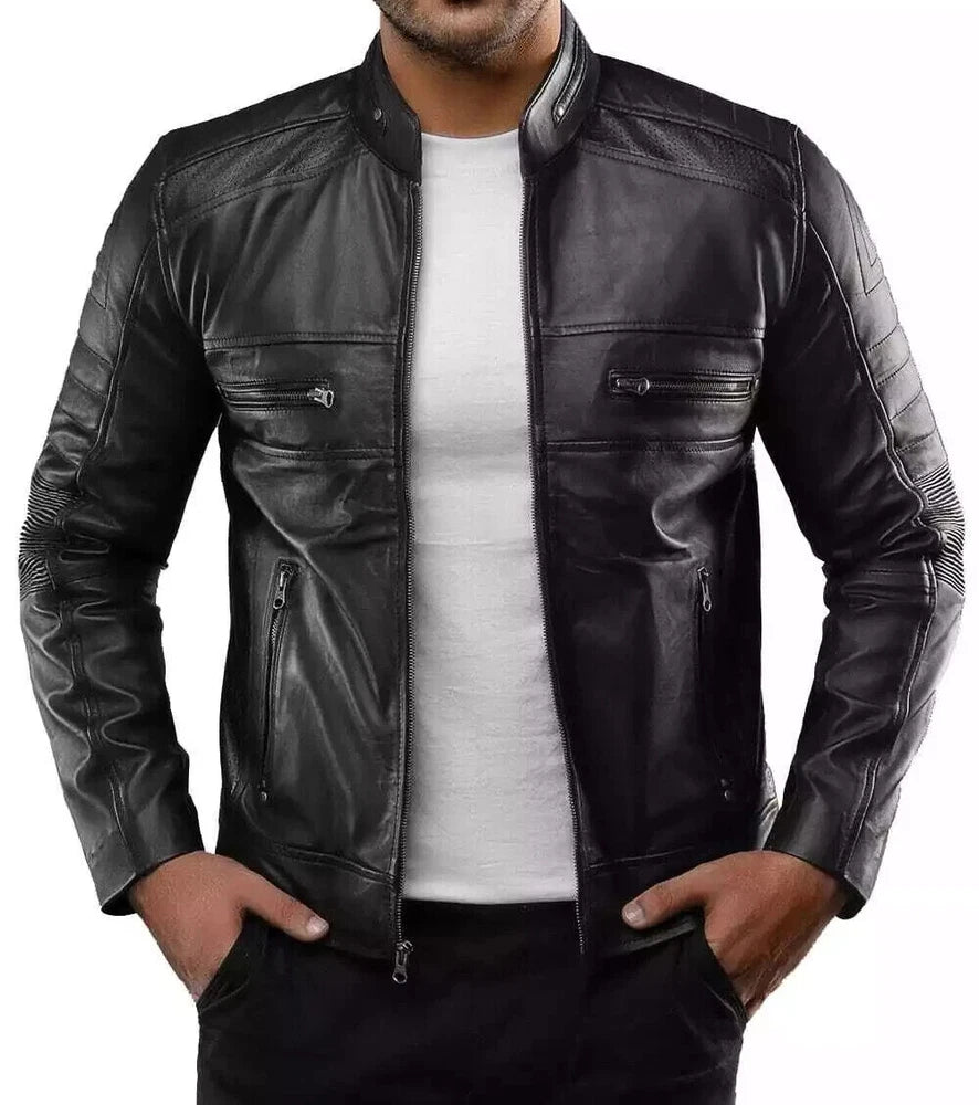 Treva Cafe Racer Men's Biker Leather Jacket Brown Cognac Soft Sheep Skin Leather