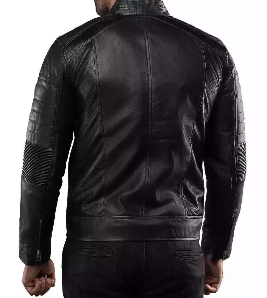 Treva Cafe Racer Men's Biker Leather Jacket Brown Cognac Soft Sheep Skin Leather