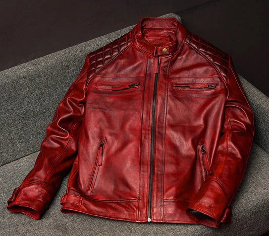 Men's Vintage Style Burgundy Red Leather Jacket | Men's Diamond Quilted Jacket