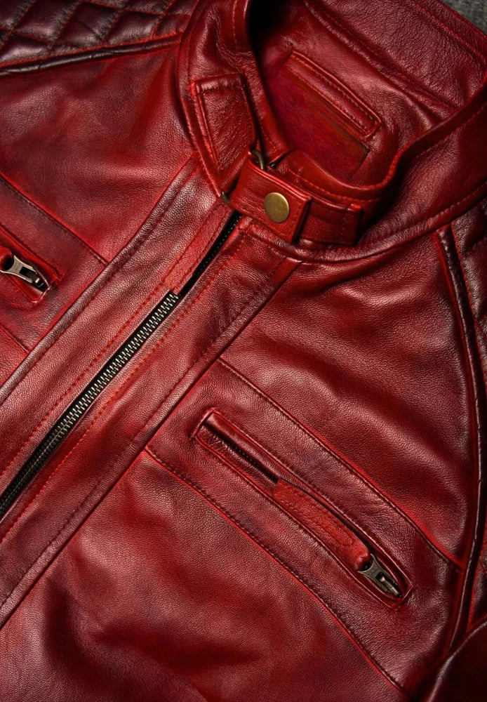 Men's Vintage Style Burgundy Red Leather Jacket | Men's Diamond Quilted Jacket