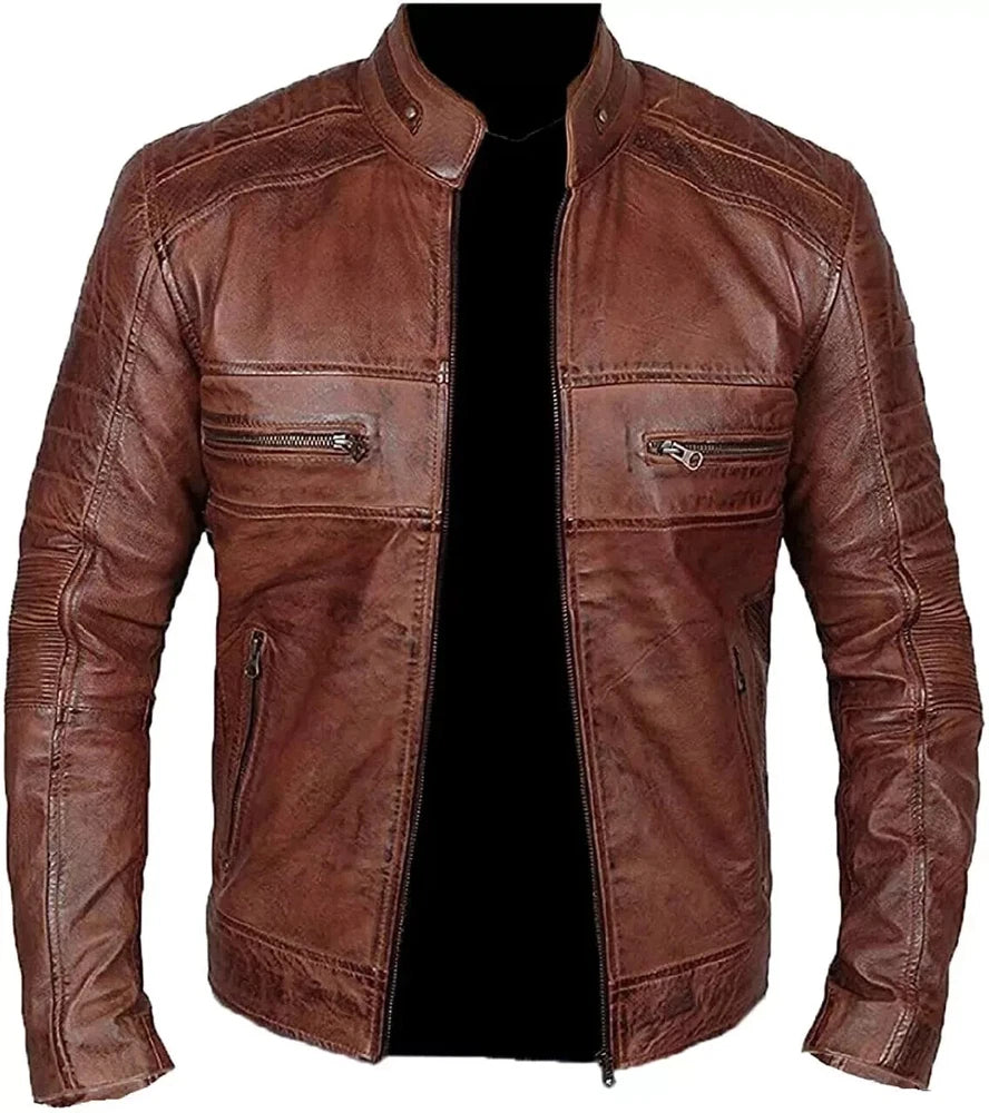 Treva Cafe Racer Men's Biker Leather Jacket Brown Cognac Soft Sheep Skin Leather