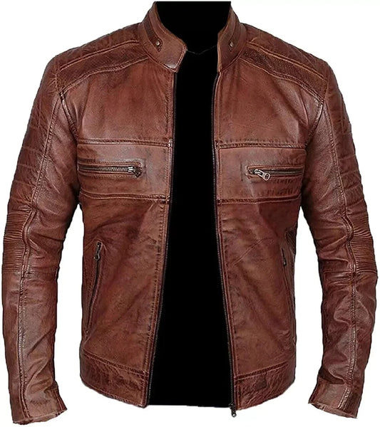 Treva Cafe Racer Men's Biker Leather Jacket Brown Cognac Soft Sheep Skin Leather