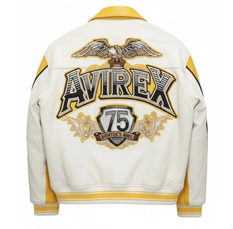 Handmade 75 Icon Racing Leather Jacket Yellow White Bomber Varsity Coat  - Recreated