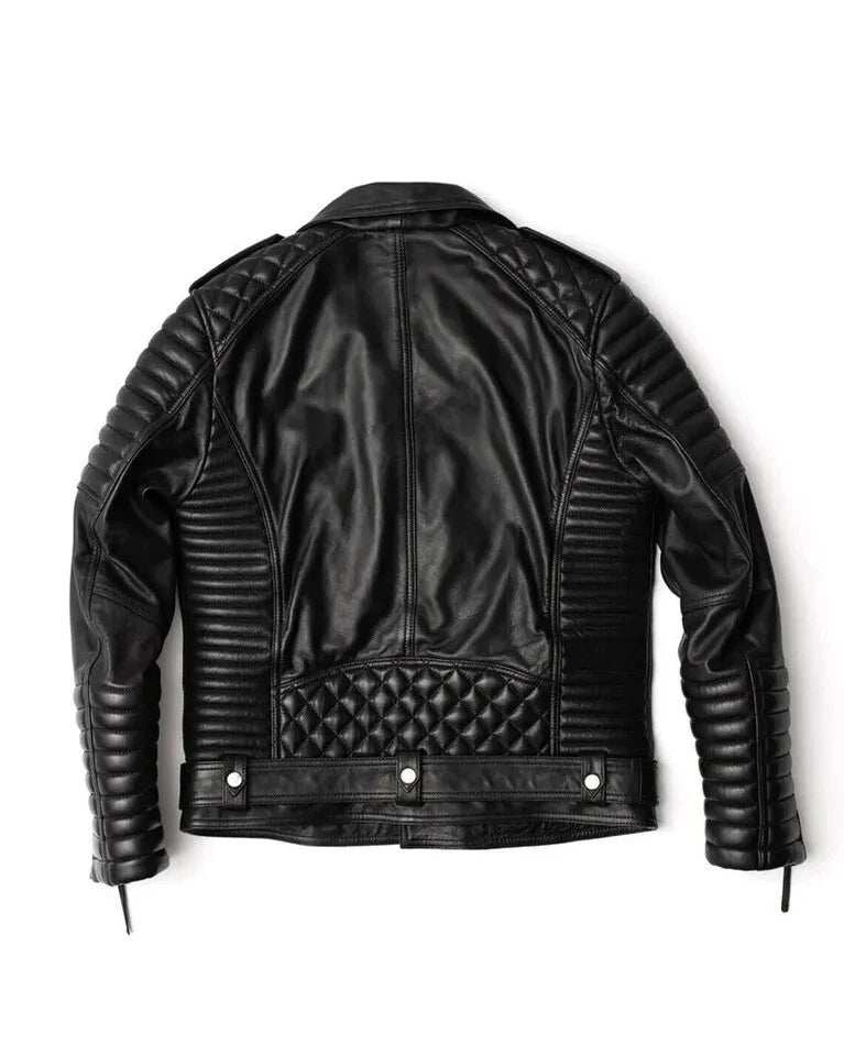 Quilted Slim Fit Motorcycle Biker Jacket Men's Black Genuine Sheepskin Leather