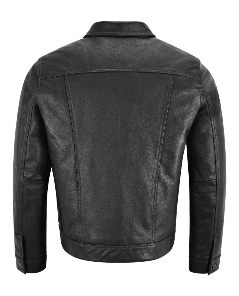 Men's Western Trucker Leather Jacket Black Cowhide Classic Leather Shirt Jacket