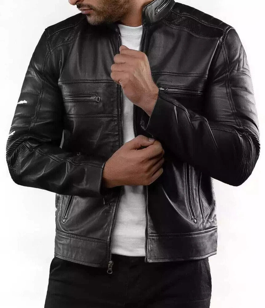 Treva Cafe Racer Men's Biker Leather Jacket Brown Cognac Soft Sheep Skin Leather