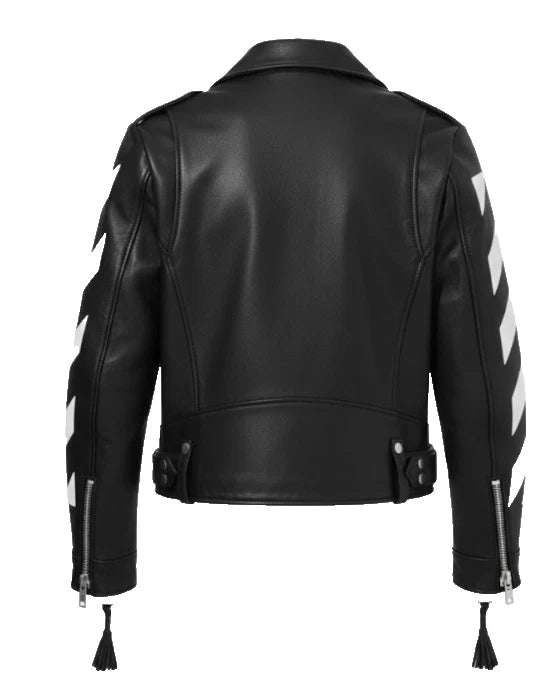 Off-White Style Leather Biker Jacket Black White Striped Moto Punk Rock