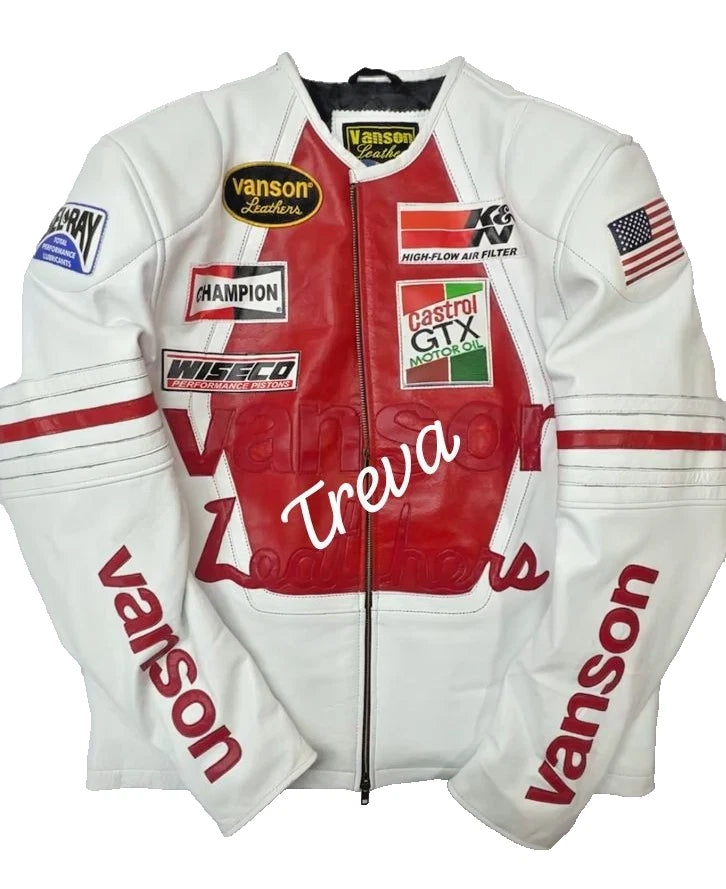Handmade Vintage Racing Motorcycle Jacket – Red Star | White/Red Cowhide Leather