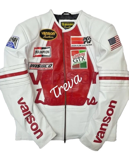 Handmade Vintage Racing Motorcycle Jacket – Red Star | White/Red Cowhide Leather