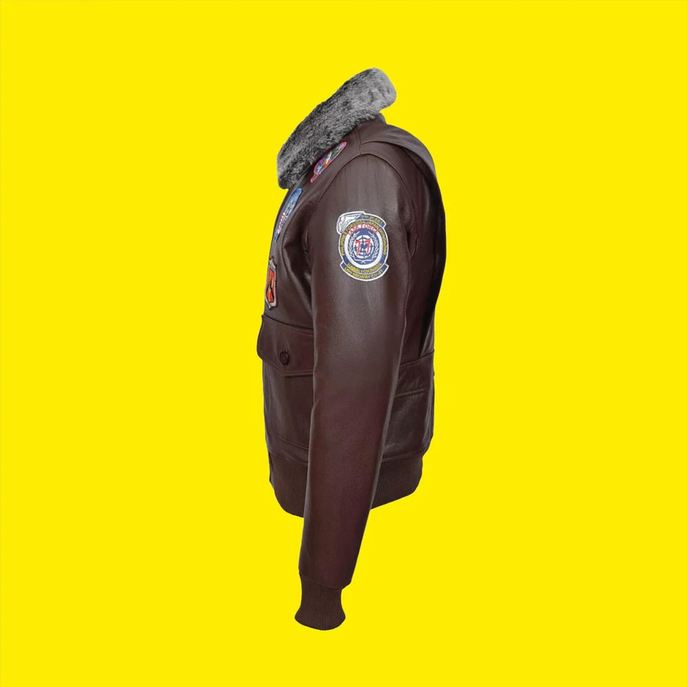 Men's G1 Bomber Leather Aviator Pilot Cowhide Brown Soft Leather Jacket -TOP GUN