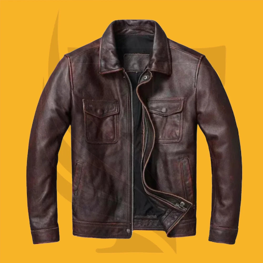 Mens Biker Leather Jacket Genuine Leather Zipped Motorcycle Style Leather Coat