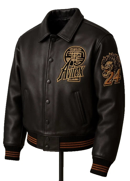 Premium Leather Jacket Dragon Style Urban Fashion Coat- Black- Retro Streetwear